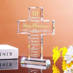 NEW IN BOX 50th Wedding Anniversary Cross Laser Engraved Glass Keepsake Gift